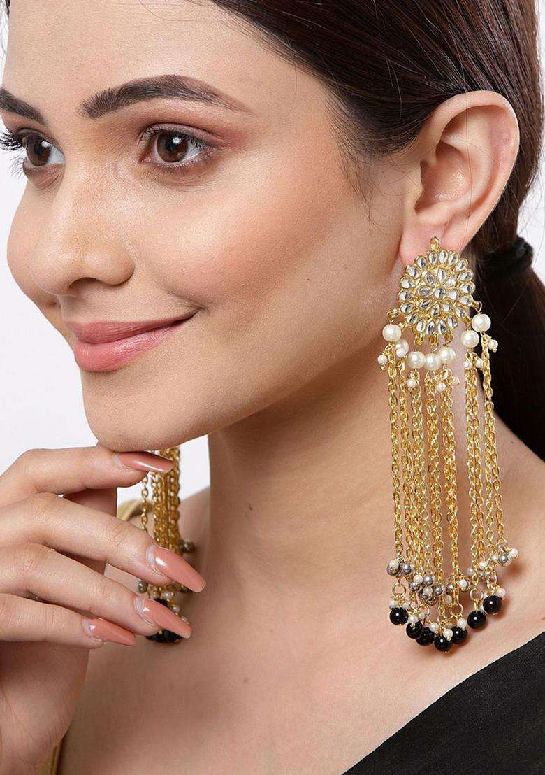 Gold-Plated Kundan Studded & Beaded Tasselled Contemporary Drop Earrings for Women | Traditional Ethnic Jewellery for Wedding & Festive Wear | Gift for Her - Indya