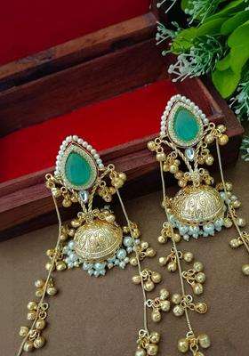 Brass-Plated Gold-Plated Pachi Kundan Stone & Ghungaroo Studded Jhumka Kashmiri Drop Earrings with CZ Stone for Women | Traditional Ethnic Jewellery for Wedding & Festive Wear | Gift for Her