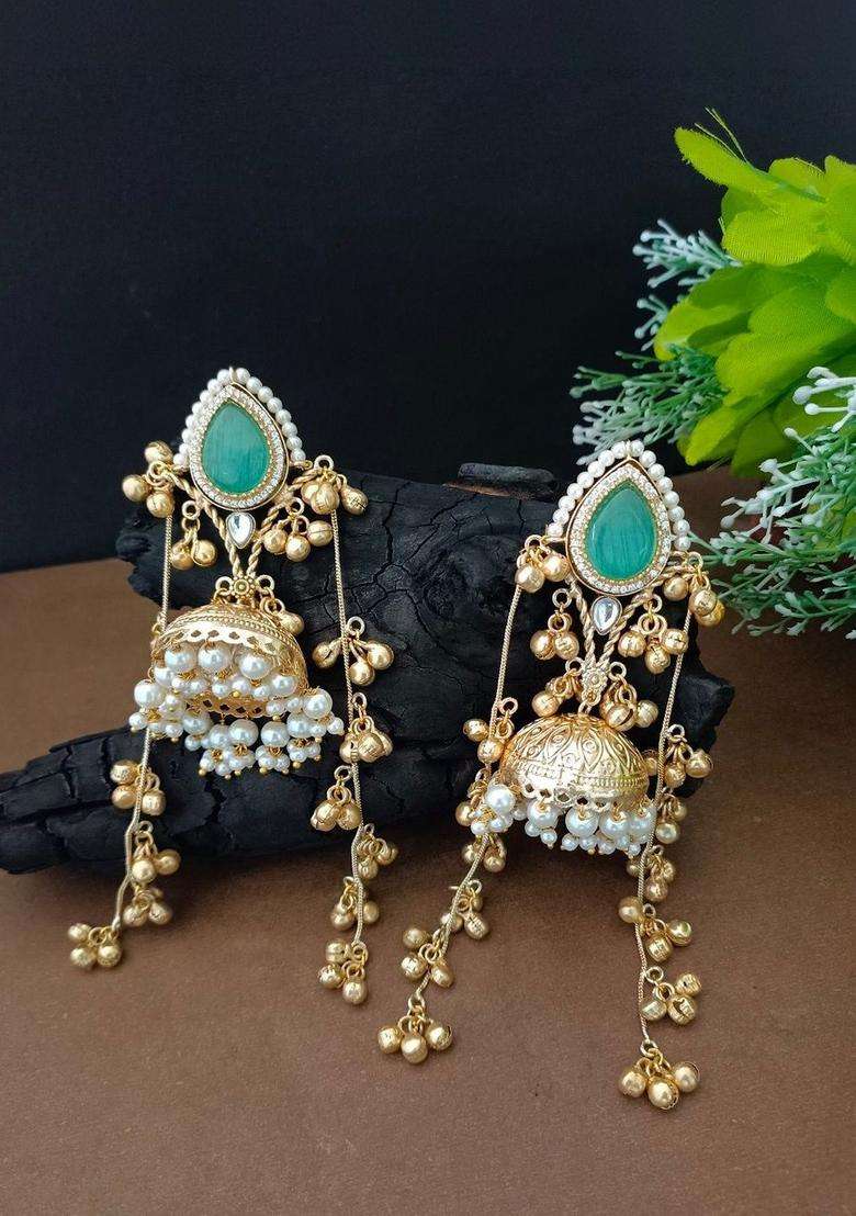 Brass-Plated Gold-Plated Pachi Kundan Stone & Ghungaroo Studded Jhumka Kashmiri Drop Earrings with CZ Stone for Women | Traditional Ethnic Jewellery for Wedding & Festive Wear | Gift for Her - Indya