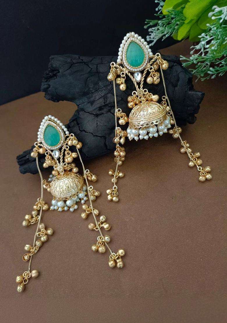 Brass-Plated Gold-Plated Pachi Kundan Stone & Ghungaroo Studded Jhumka Kashmiri Drop Earrings with CZ Stone for Women | Traditional Ethnic Jewellery for Wedding & Festive Wear | Gift for Her - Indya