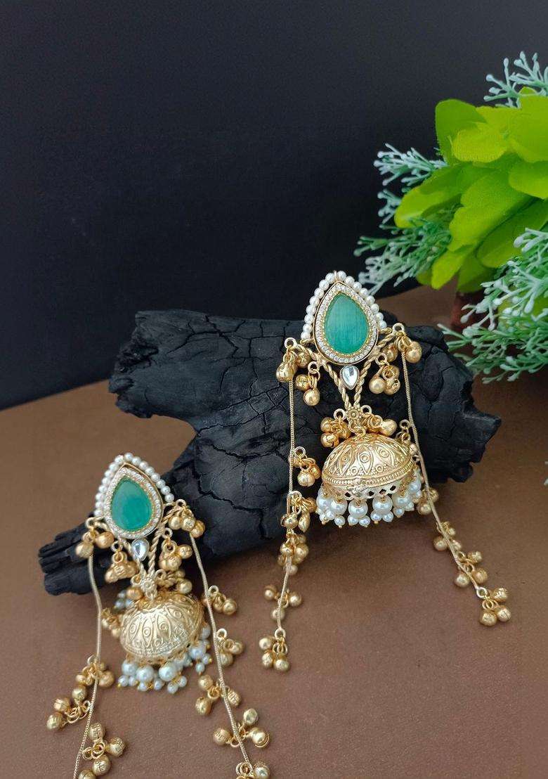 Brass-Plated Gold-Plated Pachi Kundan Stone & Ghungaroo Studded Jhumka Kashmiri Drop Earrings with CZ Stone for Women | Traditional Ethnic Jewellery for Wedding & Festive Wear | Gift for Her - Indya