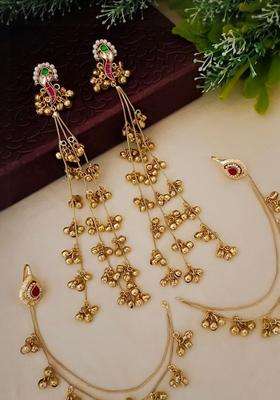 Brass-Plated Kundan Studded & Beaded Contemporary Kashmiri Drop Earrings with Chain for Women | Fusion Party & Festive Wear | Gift for Her