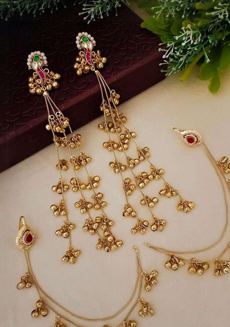 Brass-Plated Kundan Studded & Beaded Contemporary Kashmiri Drop Earrings with Chain for Women | Fusion Party & Festive Wear | Gift for Her - Indya