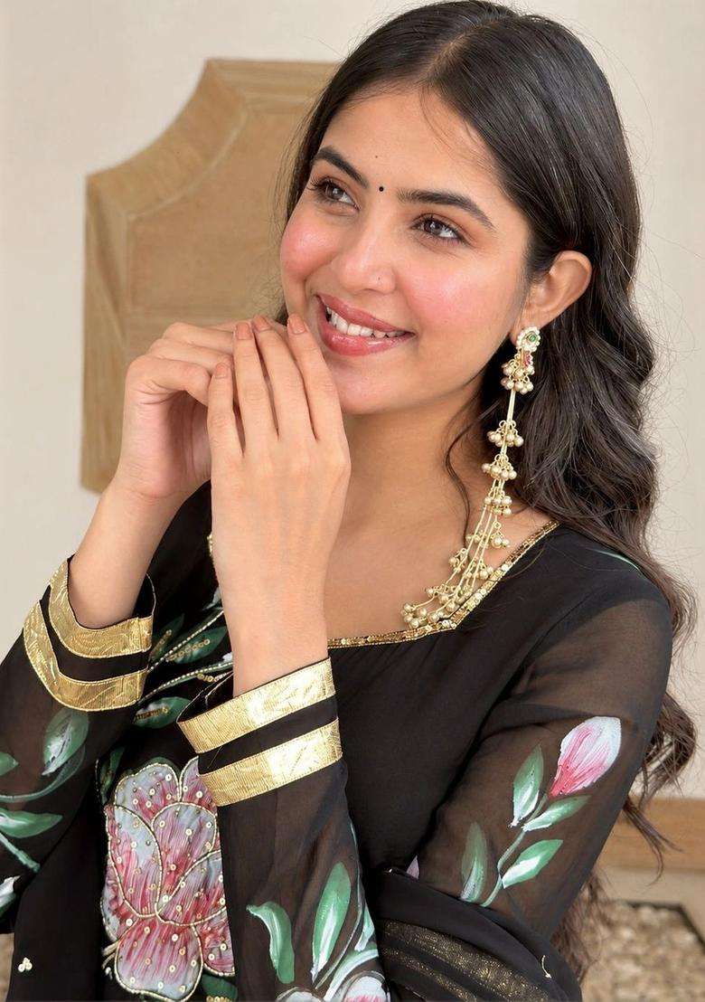 Brass-Plated Kundan Studded & Beaded Contemporary Kashmiri Drop Earrings with Chain for Women | Fusion Party & Festive Wear | Gift for Her - Indya
