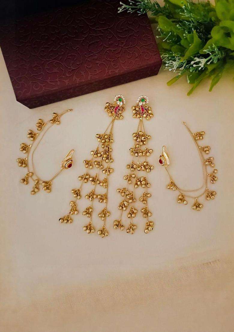 Brass-Plated Kundan Studded & Beaded Contemporary Kashmiri Drop Earrings with Chain for Women | Fusion Party & Festive Wear | Gift for Her - Indya