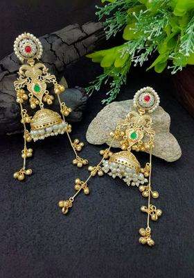 Brass-Plated Gold-Plated Pachi Kundan Stone & Ghungaroo Studded Jhumka Kashmiri Drop Earrings with CZ Stone for Women | Traditional Ethnic Jewellery for Wedding & Festive Wear | Gift for Her