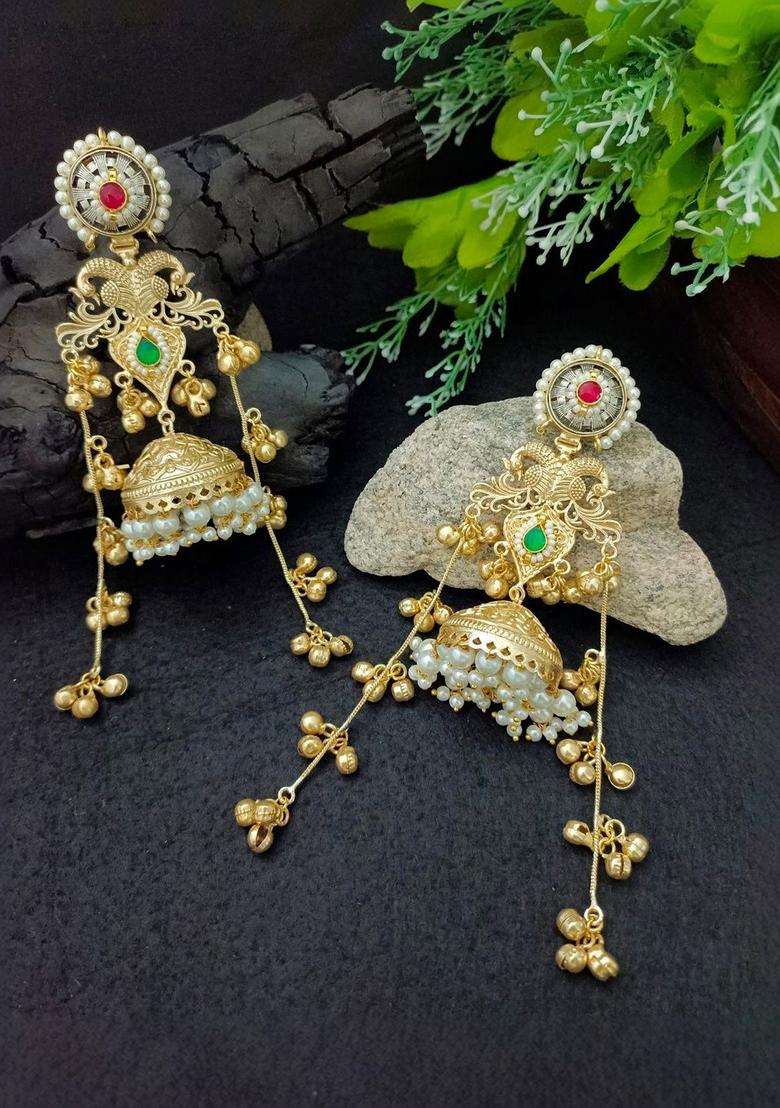 Brass-Plated Gold-Plated Pachi Kundan Stone & Ghungaroo Studded Jhumka Kashmiri Drop Earrings with CZ Stone for Women | Traditional Ethnic Jewellery for Wedding & Festive Wear | Gift for Her - Indya