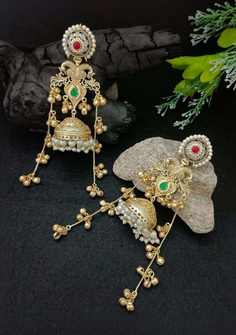 Brass-Plated Gold-Plated Pachi Kundan Stone & Ghungaroo Studded Jhumka Kashmiri Drop Earrings with CZ Stone for Women | Traditional Ethnic Jewellery for Wedding & Festive Wear | Gift for Her - Indya