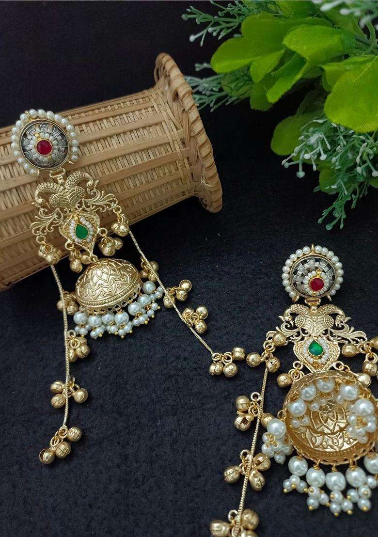 Brass-Plated Gold-Plated Pachi Kundan Stone & Ghungaroo Studded Jhumka Kashmiri Drop Earrings with CZ Stone for Women | Traditional Ethnic Jewellery for Wedding & Festive Wear | Gift for Her - Indya