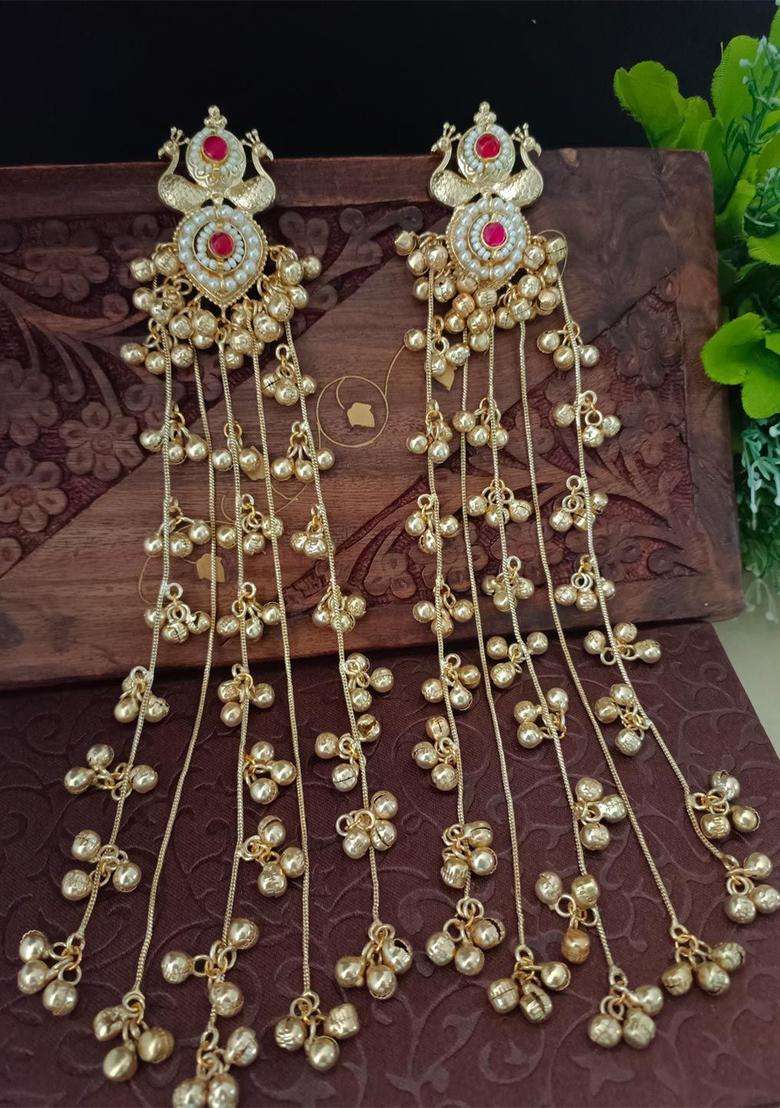 Brass-Plated Gold-Plated Pachi Kundan & Ghungaroo Studded Peacock Shaped Kashmiri Drop Earrings for Women | Traditional Ethnic Jewellery for Wedding & Festive Wear | Gift for Her - Indya