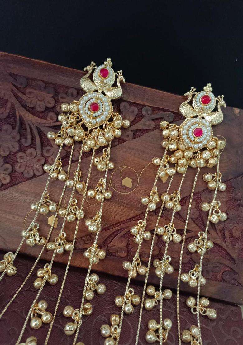 Brass-Plated Gold-Plated Pachi Kundan & Ghungaroo Studded Peacock Shaped Kashmiri Drop Earrings for Women | Traditional Ethnic Jewellery for Wedding & Festive Wear | Gift for Her - Indya