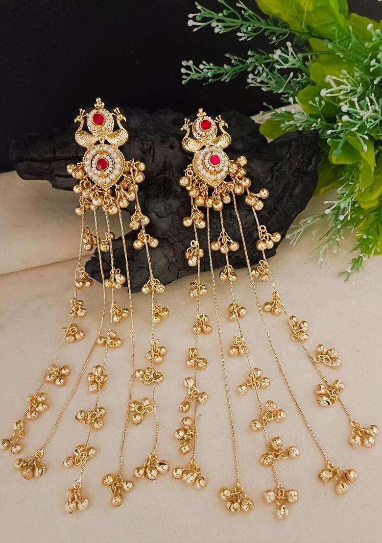 Brass-Plated Gold-Plated Pachi Kundan & Ghungaroo Studded Peacock Shaped Kashmiri Drop Earrings for Women | Traditional Ethnic Jewellery for Wedding & Festive Wear | Gift for Her - Indya