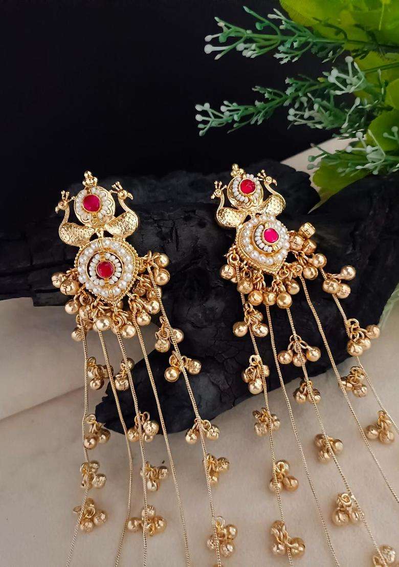 Brass-Plated Gold-Plated Pachi Kundan & Ghungaroo Studded Peacock Shaped Kashmiri Drop Earrings for Women | Traditional Ethnic Jewellery for Wedding & Festive Wear | Gift for Her - Indya