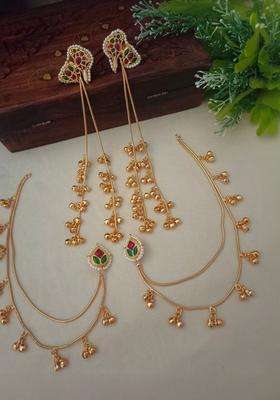 Brass-Plated Kundan Studded & Beaded Contemporary Kashmiri Drop Earrings with Chain for Women | Fusion Party & Festive Wear | Gift for Her