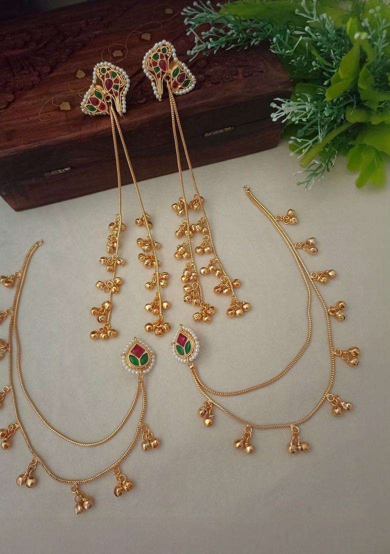 Brass-Plated Kundan Studded & Beaded Contemporary Kashmiri Drop Earrings with Chain for Women | Fusion Party & Festive Wear | Gift for Her - Indya