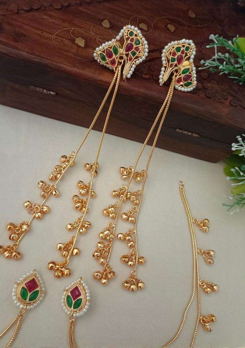 Brass-Plated Kundan Studded & Beaded Contemporary Kashmiri Drop Earrings with Chain for Women | Fusion Party & Festive Wear | Gift for Her - Indya
