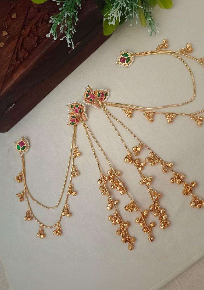 Brass-Plated Kundan Studded & Beaded Contemporary Kashmiri Drop Earrings with Chain for Women | Fusion Party & Festive Wear | Gift for Her - Indya