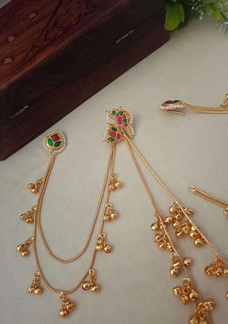 Brass-Plated Kundan Studded & Beaded Contemporary Kashmiri Drop Earrings with Chain for Women | Fusion Party & Festive Wear | Gift for Her - Indya