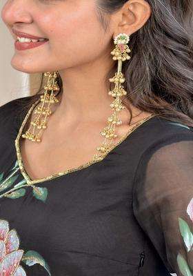 Brass-Plated Kundan Studded & Beaded Peacock Shaped Kashmiri Drop Earrings for Women | Fusion Party & Festive Wear | Gift for Her