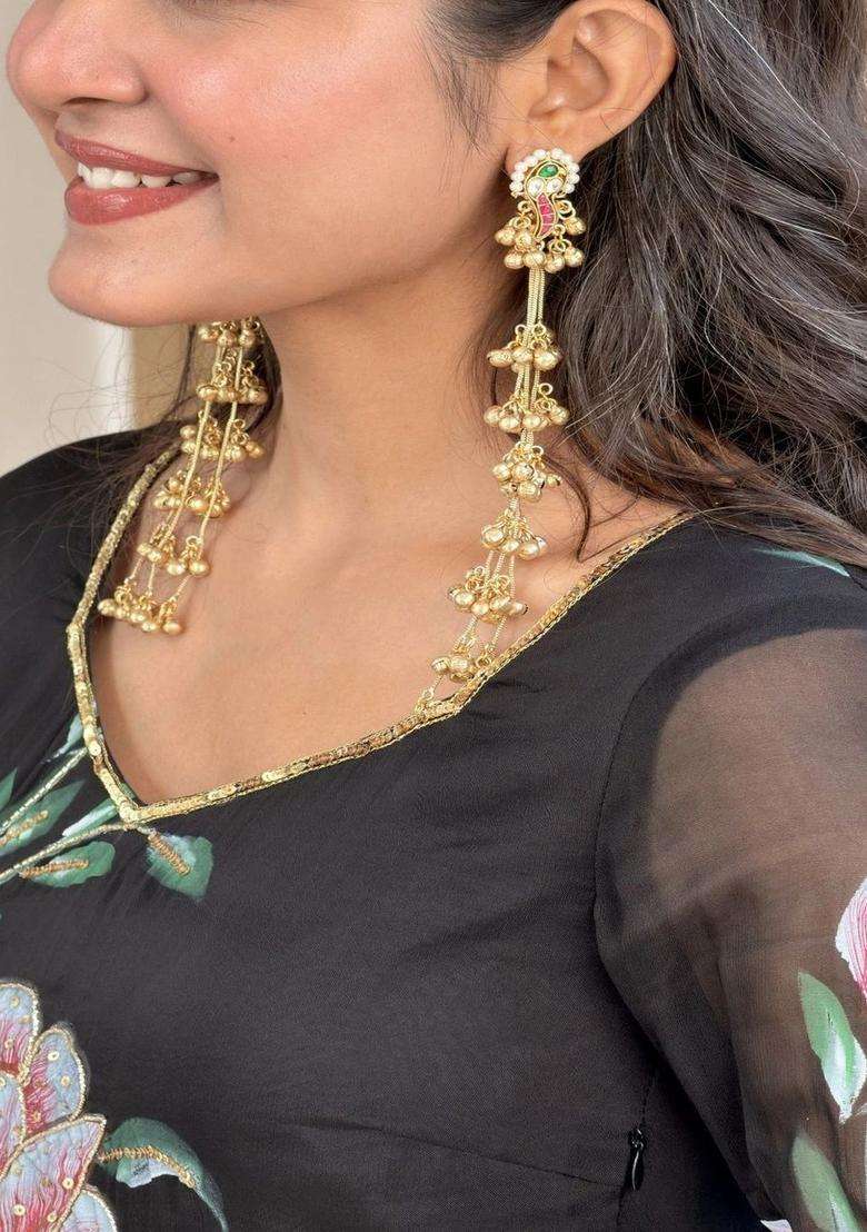 Brass-Plated Kundan Studded & Beaded Peacock Shaped Kashmiri Drop Earrings for Women | Fusion Party & Festive Wear | Gift for Her - Indya
