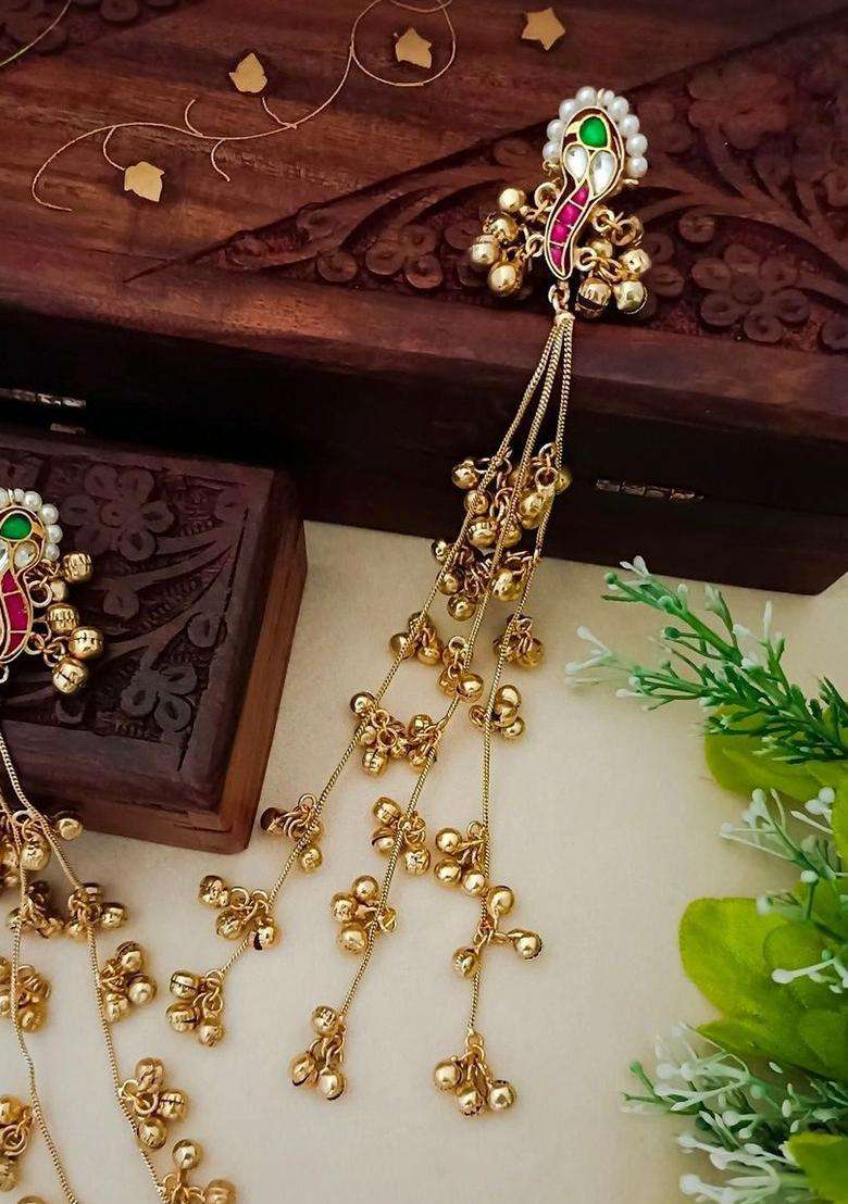 Brass-Plated Kundan Studded & Beaded Peacock Shaped Kashmiri Drop Earrings for Women | Fusion Party & Festive Wear | Gift for Her - Indya