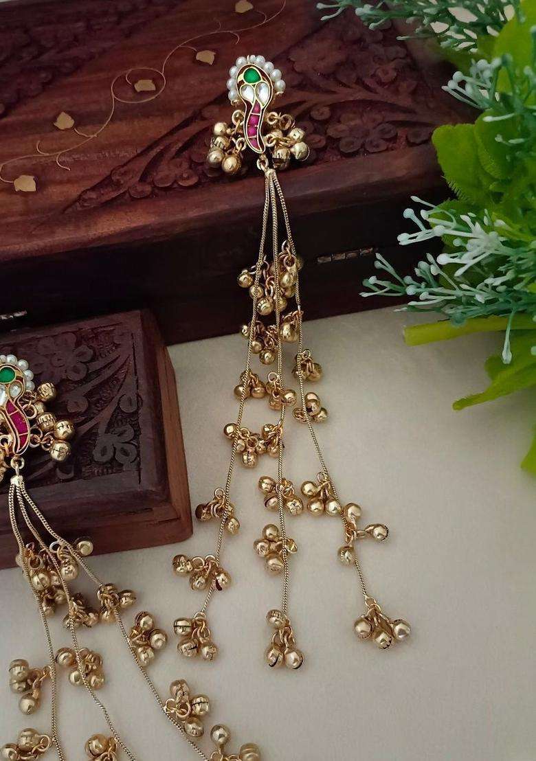 Brass-Plated Kundan Studded & Beaded Peacock Shaped Kashmiri Drop Earrings for Women | Fusion Party & Festive Wear | Gift for Her - Indya