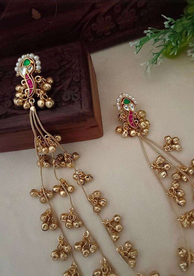 Brass-Plated Kundan Studded & Beaded Peacock Shaped Kashmiri Drop Earrings for Women | Fusion Party & Festive Wear | Gift for Her - Indya