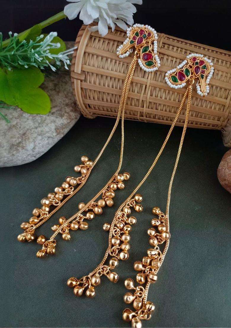 Gold-Plated Kundan Studded & Ghungroo Beaded Tasselled Peacock Drop Earrings for Women | Fusion Party & Festive Wear | Gift for Her - Indya