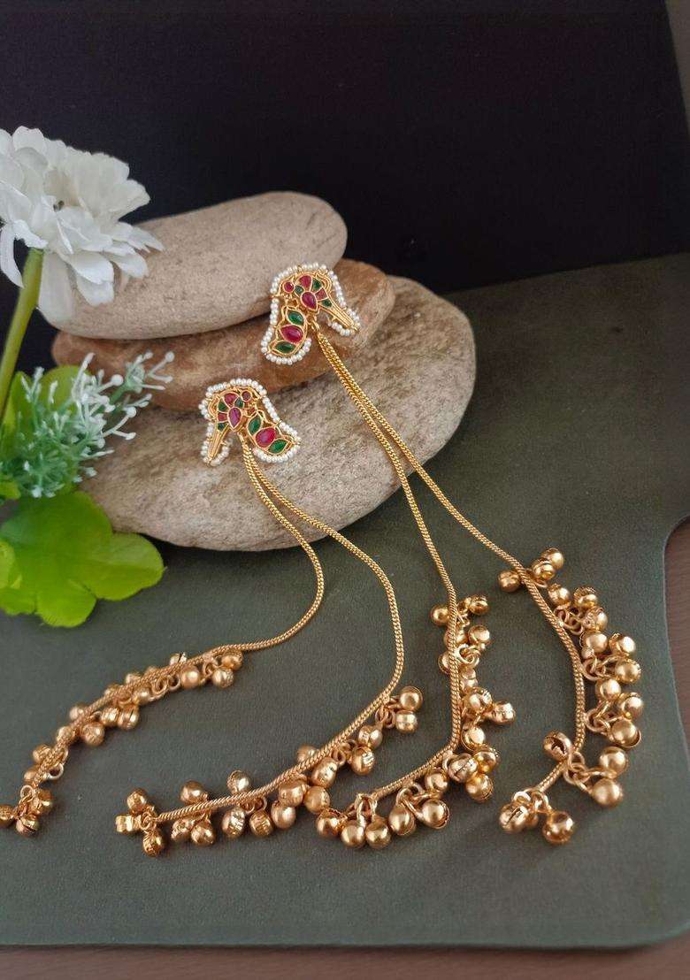Gold-Plated Kundan Studded & Ghungroo Beaded Tasselled Peacock Drop Earrings for Women | Fusion Party & Festive Wear | Gift for Her - Indya