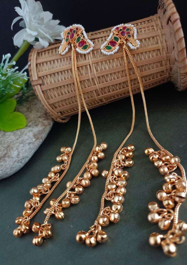 Gold-Plated Kundan Studded & Ghungroo Beaded Tasselled Peacock Drop Earrings for Women | Fusion Party & Festive Wear | Gift for Her - Indya
