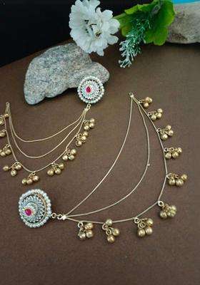 Brass-Plated Gold-Plated Kundan & Ghungaroo Bedaed Kashmiri Studs with Ear Chain for Women | Traditional Ethnic Jewellery for Wedding & Festive Wear | Gift for Her