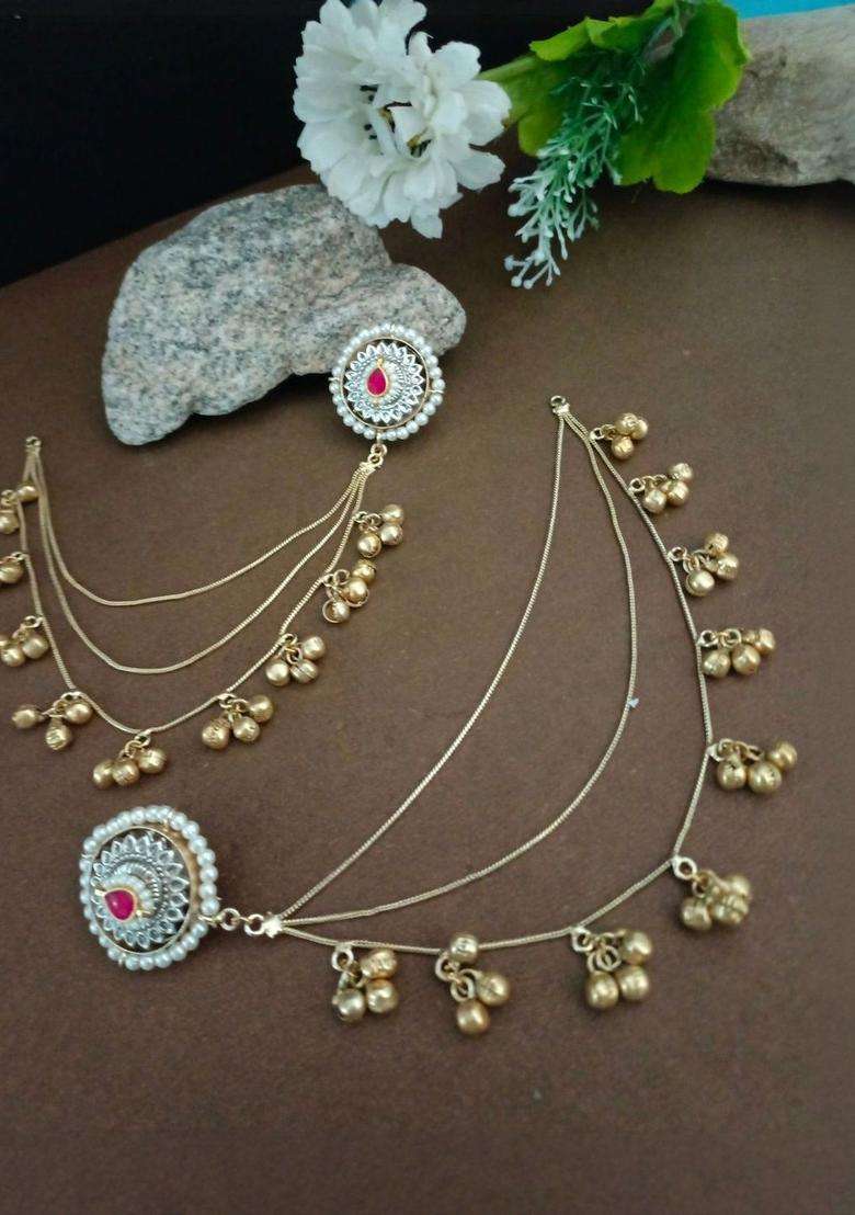 Brass-Plated Gold-Plated Kundan & Ghungaroo Bedaed Kashmiri Studs with Ear Chain for Women | Traditional Ethnic Jewellery for Wedding & Festive Wear | Gift for Her - Indya