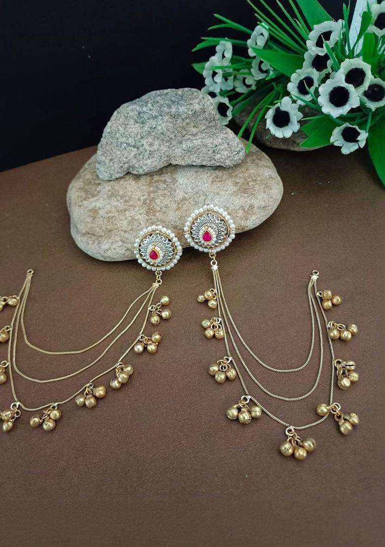 Brass-Plated Gold-Plated Kundan & Ghungaroo Bedaed Kashmiri Studs with Ear Chain for Women | Traditional Ethnic Jewellery for Wedding & Festive Wear | Gift for Her - Indya
