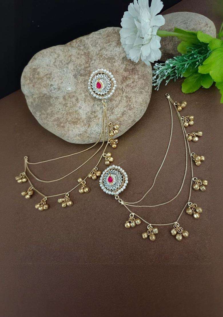 Brass-Plated Gold-Plated Kundan & Ghungaroo Bedaed Kashmiri Studs with Ear Chain for Women | Traditional Ethnic Jewellery for Wedding & Festive Wear | Gift for Her - Indya