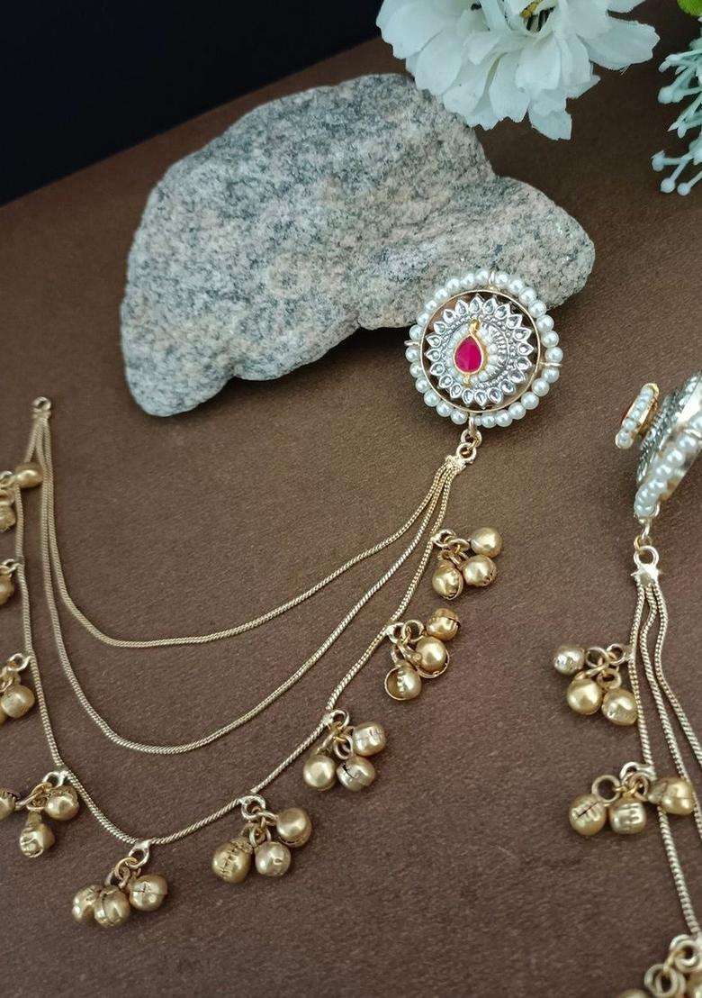 Brass-Plated Gold-Plated Kundan & Ghungaroo Bedaed Kashmiri Studs with Ear Chain for Women | Traditional Ethnic Jewellery for Wedding & Festive Wear | Gift for Her - Indya