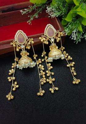 Brass-Plated Gold-Plated Pachi Kundan Stone & Ghungaroo Studded Jhumka Kashmiri Drop Earrings with CZ Stone for Women | Traditional Ethnic Jewellery for Wedding & Festive Wear | Gift for Her