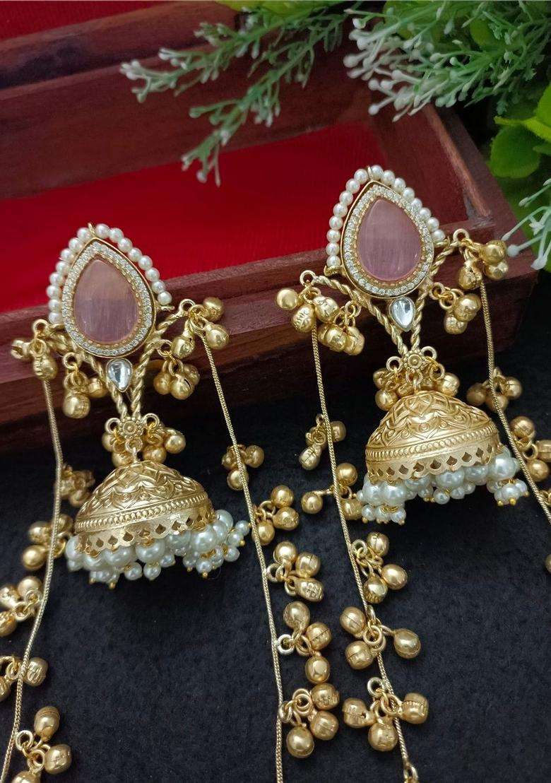 Brass-Plated Gold-Plated Pachi Kundan Stone & Ghungaroo Studded Jhumka Kashmiri Drop Earrings with CZ Stone for Women | Traditional Ethnic Jewellery for Wedding & Festive Wear | Gift for Her - Indya
