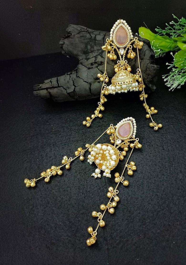 Brass-Plated Gold-Plated Pachi Kundan Stone & Ghungaroo Studded Jhumka Kashmiri Drop Earrings with CZ Stone for Women | Traditional Ethnic Jewellery for Wedding & Festive Wear | Gift for Her - Indya