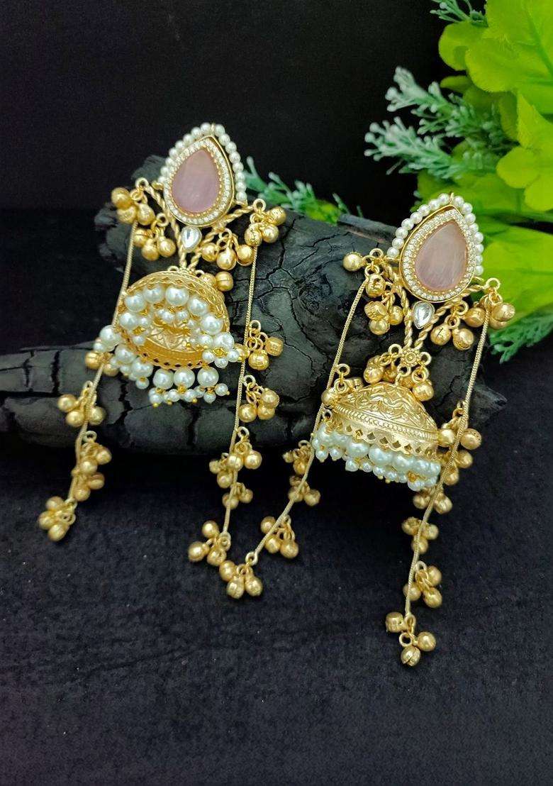 Brass-Plated Gold-Plated Pachi Kundan Stone & Ghungaroo Studded Jhumka Kashmiri Drop Earrings with CZ Stone for Women | Traditional Ethnic Jewellery for Wedding & Festive Wear | Gift for Her - Indya