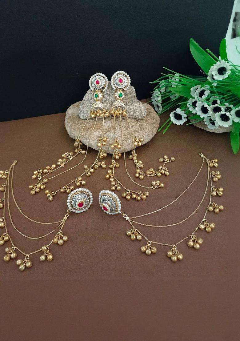Brass-Plated Set of 2 Gold-Plated Kundan & Ghungaroo Beaded Drop Earrings with Ear Chain for Women | Traditional Ethnic Jewellery for Wedding & Festive Wear | Gift for Her - Indya