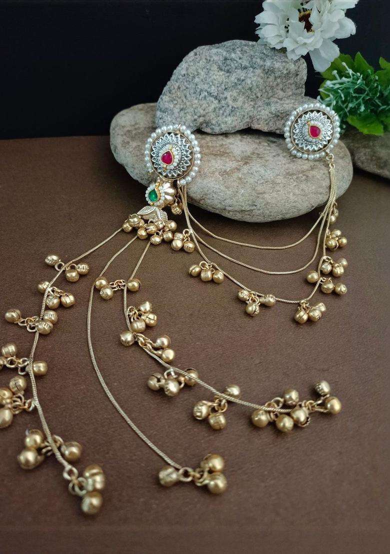 Brass-Plated Set of 2 Gold-Plated Kundan & Ghungaroo Beaded Drop Earrings with Ear Chain for Women | Traditional Ethnic Jewellery for Wedding & Festive Wear | Gift for Her - Indya