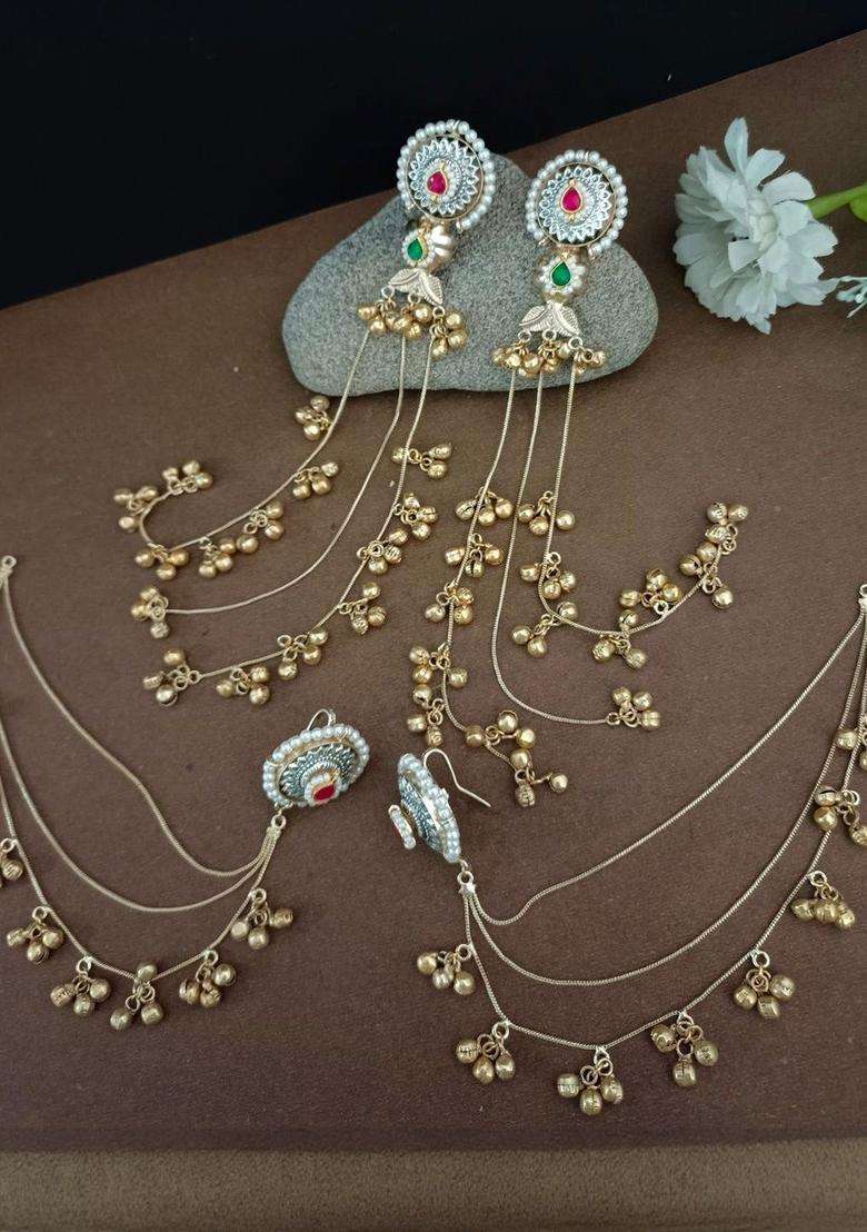 Brass-Plated Set of 2 Gold-Plated Kundan & Ghungaroo Beaded Drop Earrings with Ear Chain for Women | Traditional Ethnic Jewellery for Wedding & Festive Wear | Gift for Her - Indya