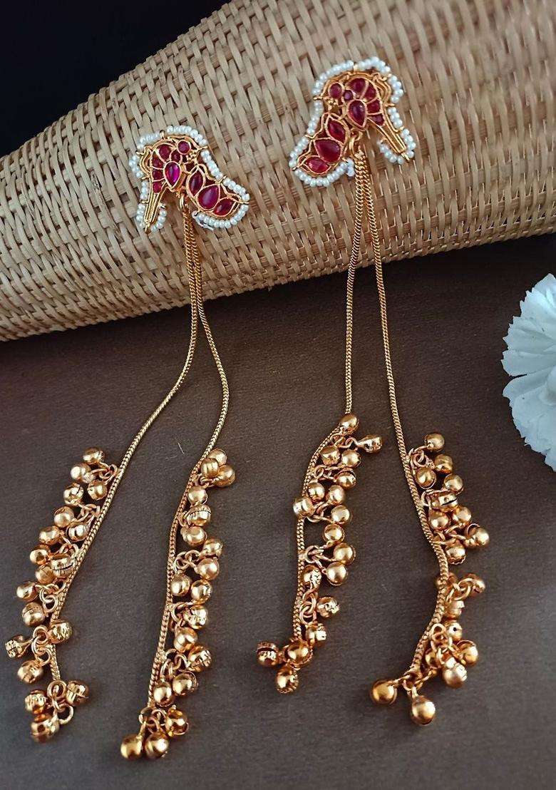 Gold-Plated Kundan Studded & Ghungroo Beaded Tasselled Peacock Drop Earrings for Women | Fusion Party & Festive Wear | Gift for Her - Indya