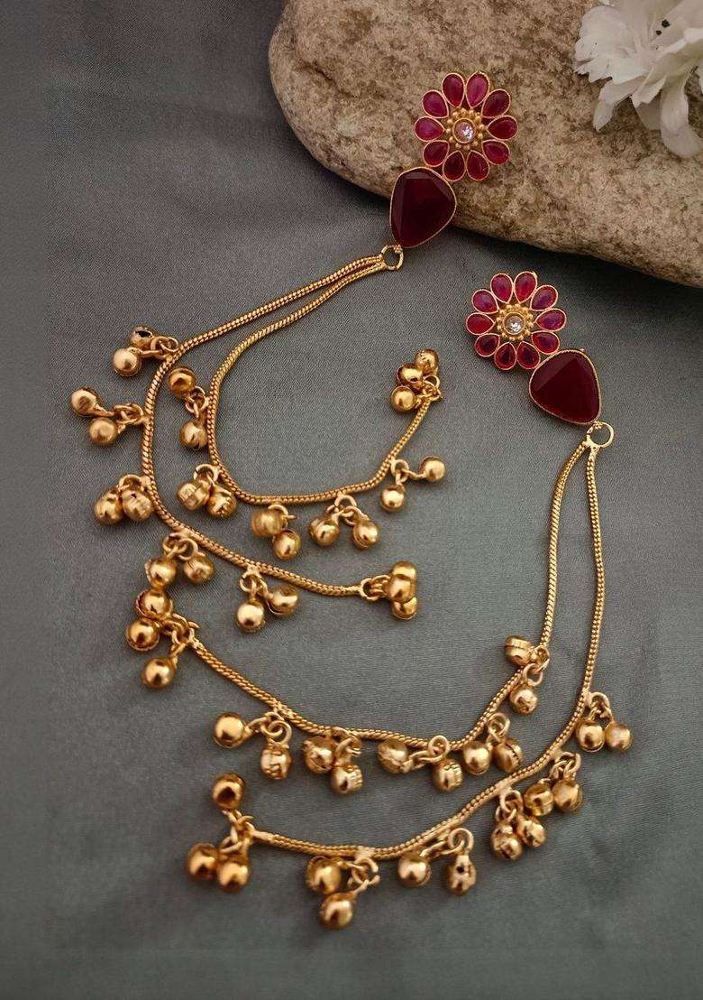 Brass-Plated Gold-Plated Kundan & Ghungaroo Beaded Kashmiri Floral Drop Earrings for Women | Traditional Ethnic Jewellery for Wedding & Festive Wear | Gift for Her - Indya