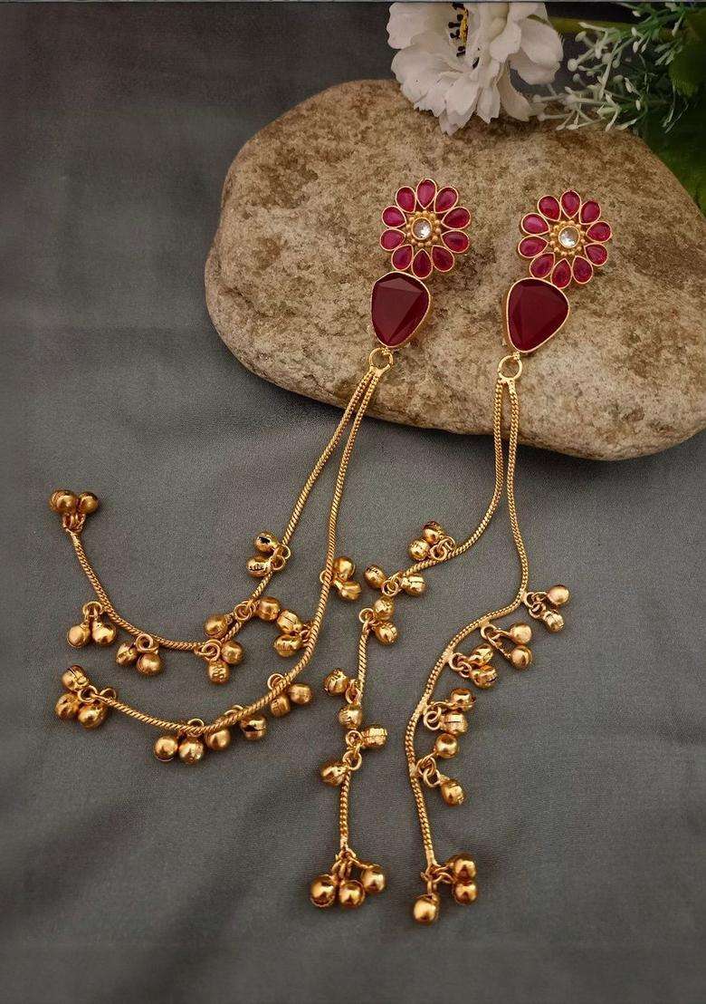 Brass-Plated Gold-Plated Kundan & Ghungaroo Beaded Kashmiri Floral Drop Earrings for Women | Traditional Ethnic Jewellery for Wedding & Festive Wear | Gift for Her - Indya