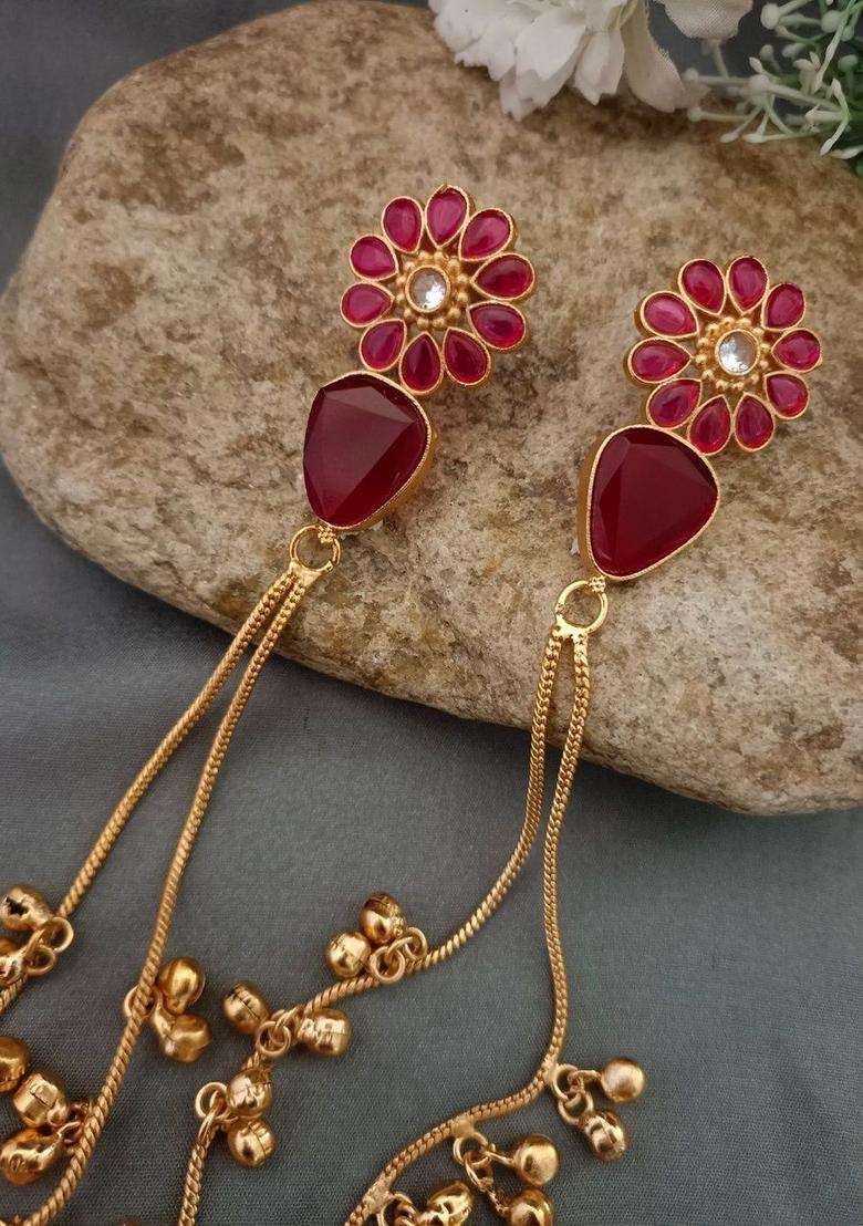 Brass-Plated Gold-Plated Kundan & Ghungaroo Beaded Kashmiri Floral Drop Earrings for Women | Traditional Ethnic Jewellery for Wedding & Festive Wear | Gift for Her - Indya
