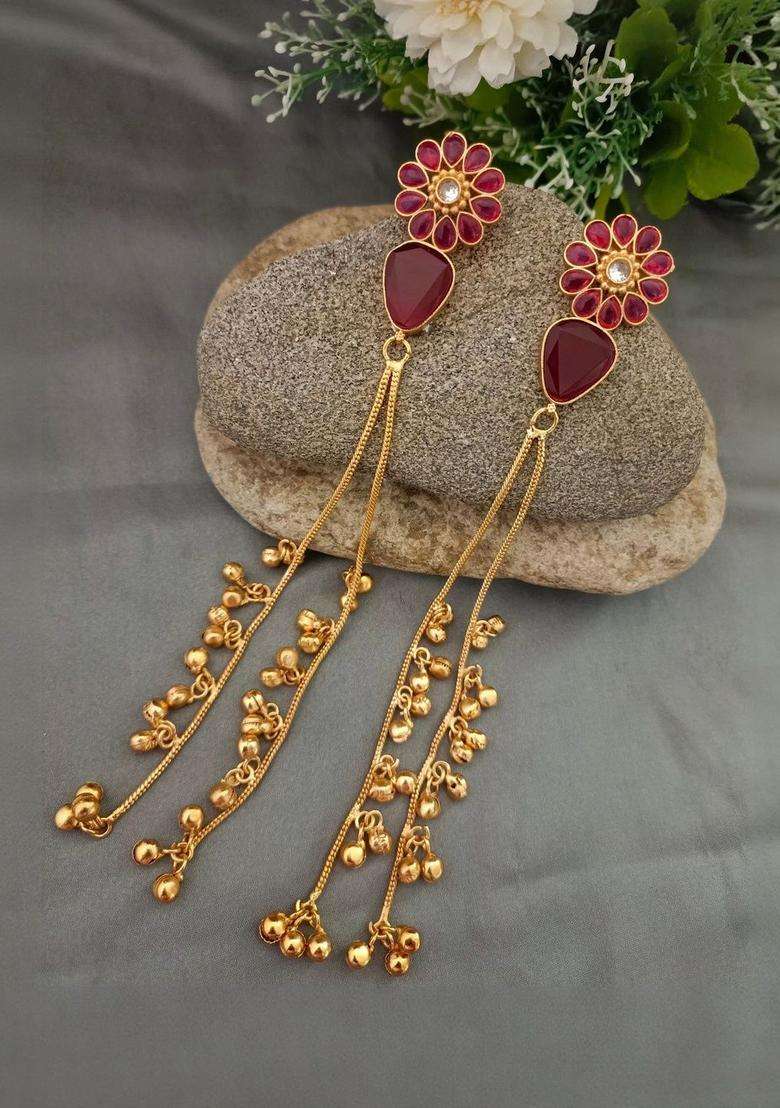 Brass-Plated Gold-Plated Kundan & Ghungaroo Beaded Kashmiri Floral Drop Earrings for Women | Traditional Ethnic Jewellery for Wedding & Festive Wear | Gift for Her - Indya