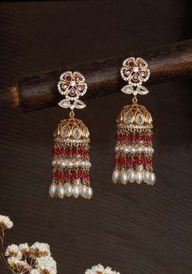 Gold-Plated American Diamond Studded & Pearl Beaded Jhumkas with Kundan for Women | Traditional Ethnic Jewellery for Wedding & Festive Wear | Gift for Her