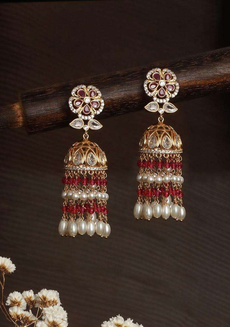 Gold-Plated American Diamond Studded & Pearl Beaded Jhumkas with Kundan for Women | Traditional Ethnic Jewellery for Wedding & Festive Wear | Gift for Her - Indya