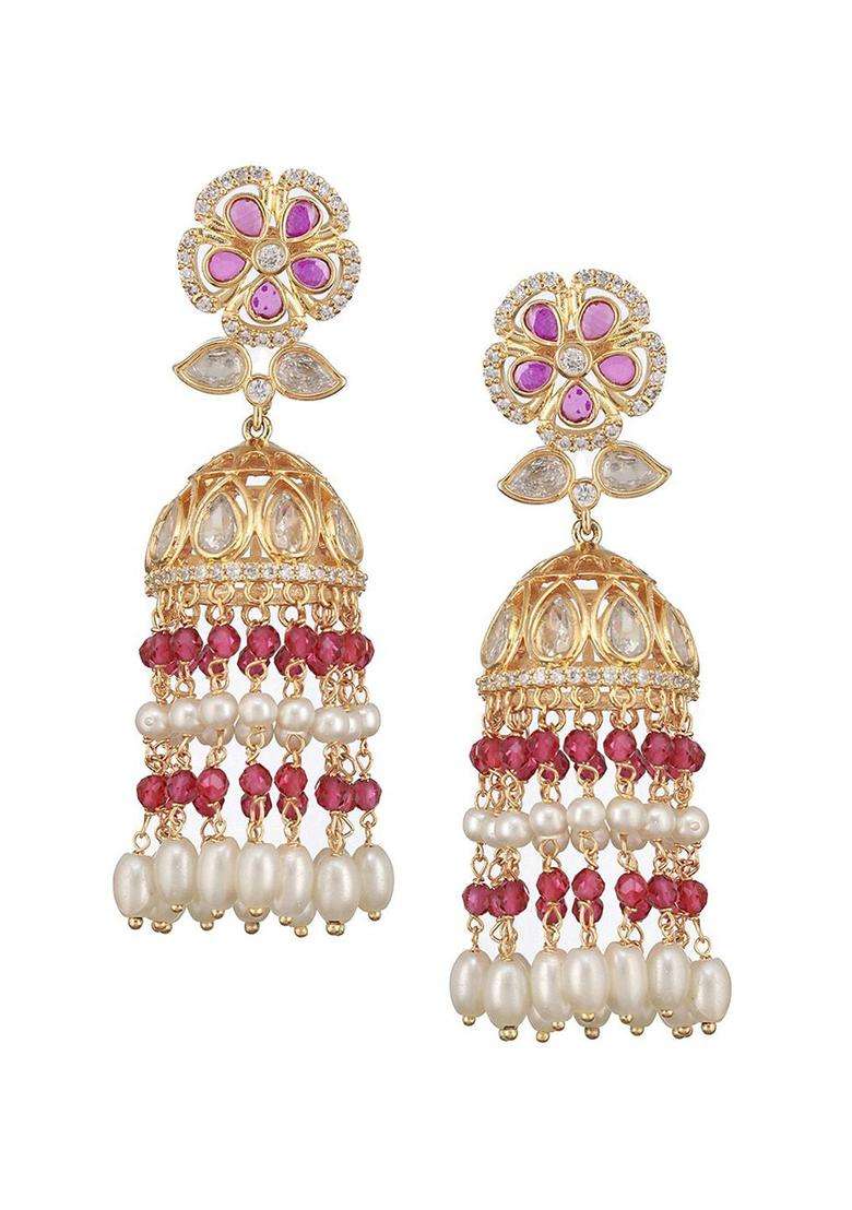 Gold-Plated American Diamond Studded & Pearl Beaded Jhumkas with Kundan for Women | Traditional Ethnic Jewellery for Wedding & Festive Wear | Gift for Her - Indya
